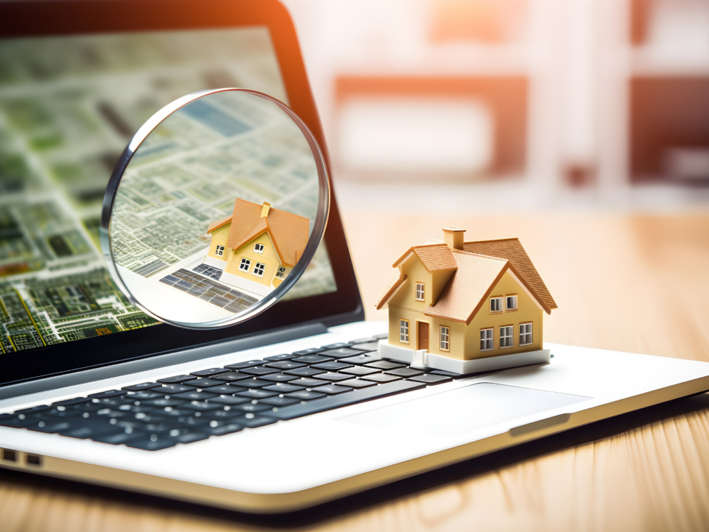 a model home on a laptop being viewed through a magnifying glass to help find your dream home