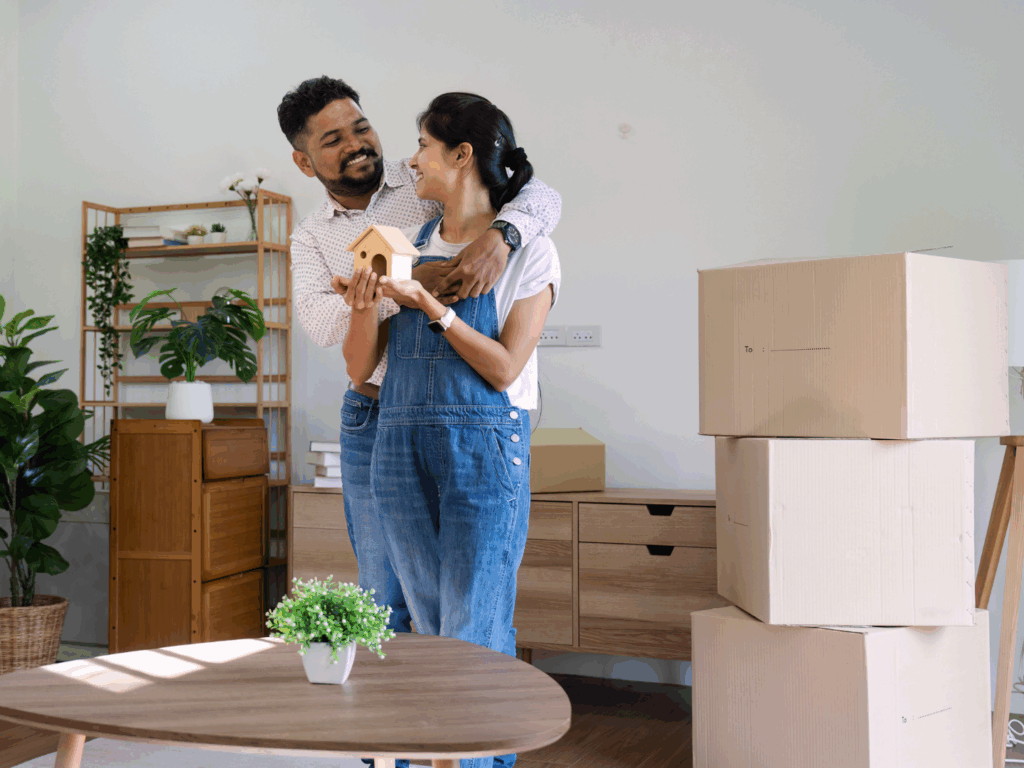 young couple who has recently purchased a home with quaint oak mortgage using down payment options for homebuyers