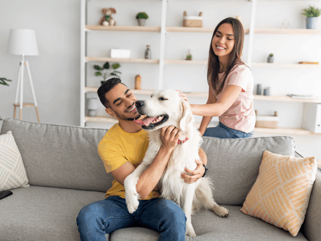 a couple sitting at home with their dog considering refinancing in 2026